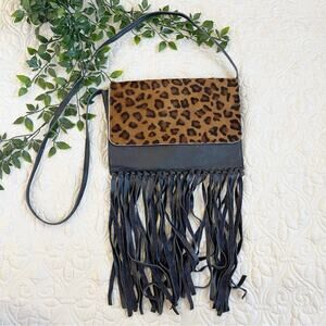 Cleobella Leather Fringe Leopard Crossbody Bag